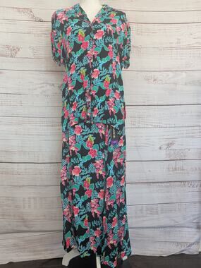 Vintage Sag Harbor 2 Piece Set Large Black Neon Tropical Hibiscus Maxi Skirt Top